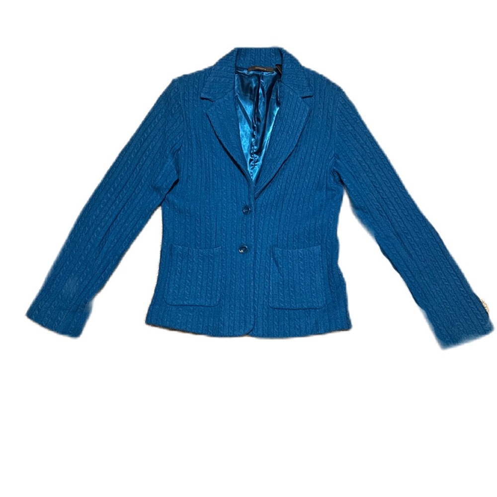 Vtg LIZ CLAIBORNE Blazer Womens Med Blue Cable Knit Wool Whimsical Granny Office